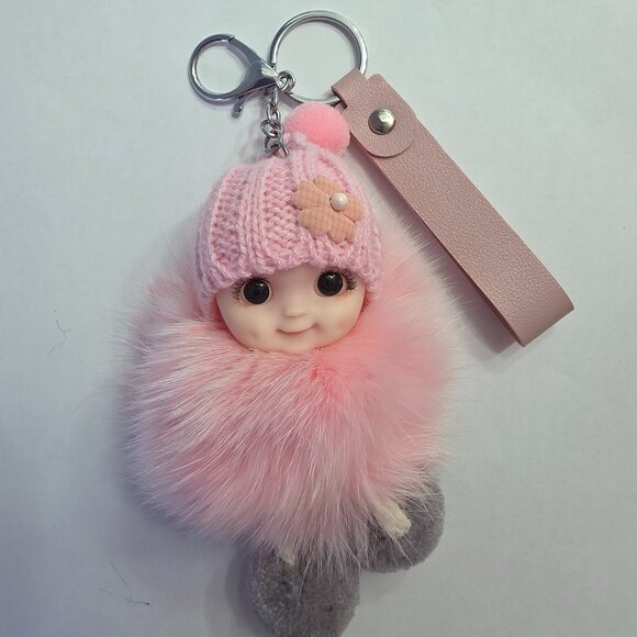 Cute Smiling Fur Baby Keychain with LOVE tag, Plush rabbit fur, Bag Charm - Picture 3 of 5